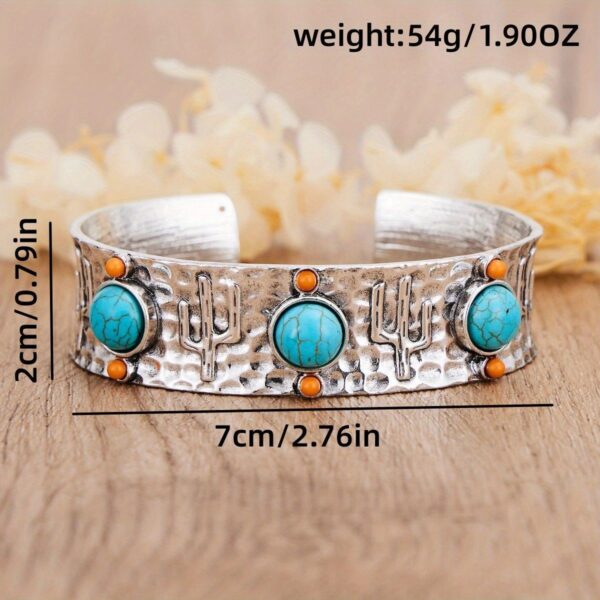 Wholesale Retro Bohemian Silver Tone Metal Open Cuff Bracelet With Turquoise Cactus Design Women S Fashion Accessory Everyday Party Gift