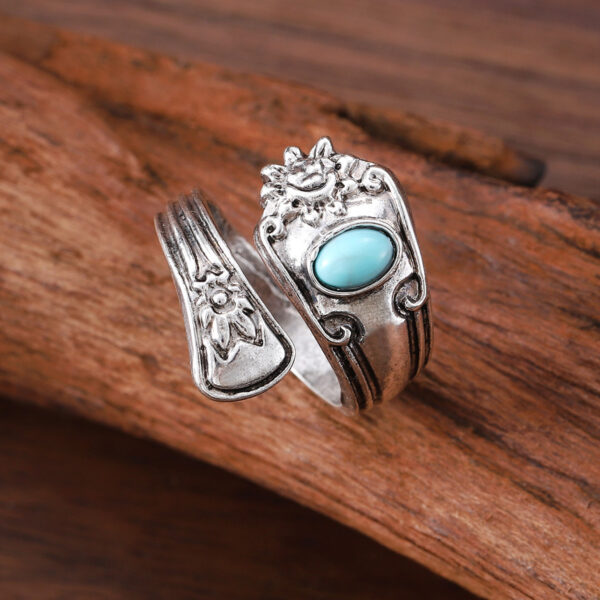 oly-a5bf57acdce10640c8f2009e02207e69 Wholesale Antique Silver Turquoise Carved Open Adjustable Ring Boho Unisex Zinc Alloy Fashion Accessory For Everyday Wear