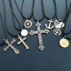 Wholesale Retro Geometric Cross Pendant Necklace Alloy Wax Rope Chain Chic Jewelry Accessory