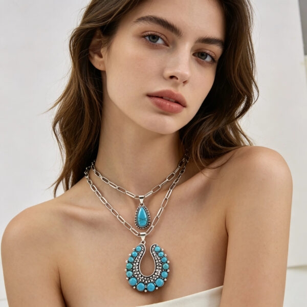 oly-a821919f908b81290aaf1a44f9129284 Wholesale Vintage Western Turquoise Butterfly Horseshoe Long Chain Necklace Fashion Accessory Boutique Resale Gift