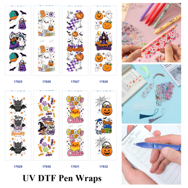 oly-ab912cd12a5b4291716ade7ce502c03b Wholesale 2/8/16pcs Trendy Cartoon Ghost Bat Pumpkin Halloween Pen and Bookmark Stickers UV DTF Wraps