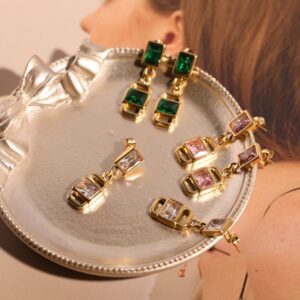 oly-ad3db98cc9be3a790b09565fb35d8ff7 Wholesale French Style Stainless Steel Electroplated And Pink Diamond Square Ear Studs Party Jewelry Accessory