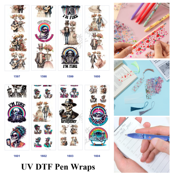oly-b5f04f97f9d435a2da3a6b0d08b52e8e Wholesale 2/8/16pcs Funny Skeleton Couple Rainbow Quote Print Pen and Bookmark Stickers UV DTF Wraps OLY Exclusive