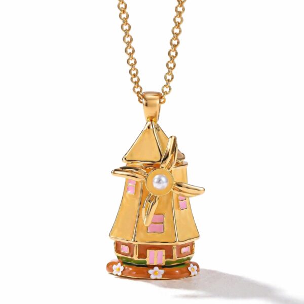 oly-b75d0c741a641fa7bec44d1c80a1594c Wholesale Chic Dutch Windmill House Pendant Necklace With Pearl Electroplated Copper Finish Stylish Fairy Tale Gift For Girls Boutique Resale