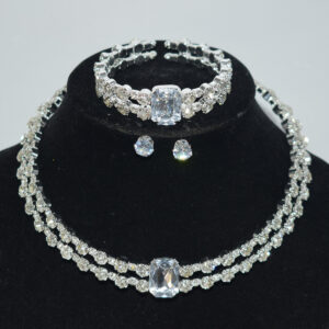 oly-b95062c171634ef1e30aff427e1e6cd7 Wholesale Bridal Jewelry Set Double Row Rhinestone Choker Necklace Bracelet Earrings Silver Party Fashion Accessory