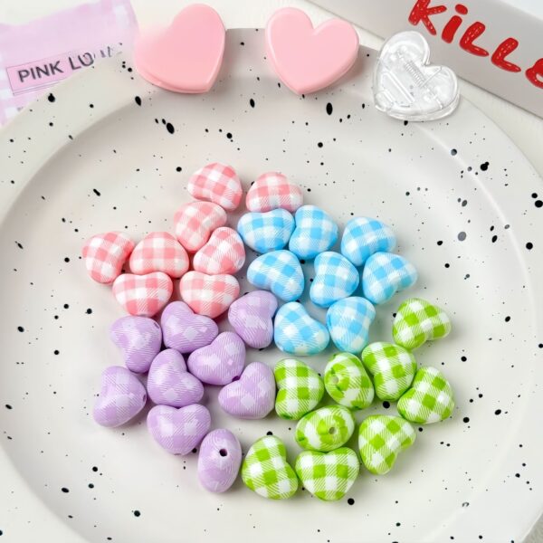 oly-bc62b22de9d43fba9cc348f92596bef4 Wholesale Acrylic Love Heart Beads Light Pink Checkered Print for DIY Jewelry Making Bag Charms and Craft Supplies
