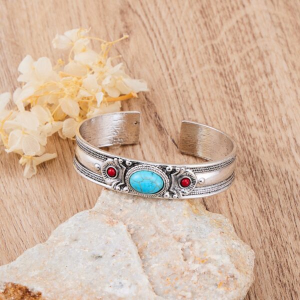 oly-bd13adb1b5d2447aac832e174a06ef25 Wholesale Retro Bohemian Turquoise Open Bangle Bracelet Silver Electroplated Metal Gift For Women