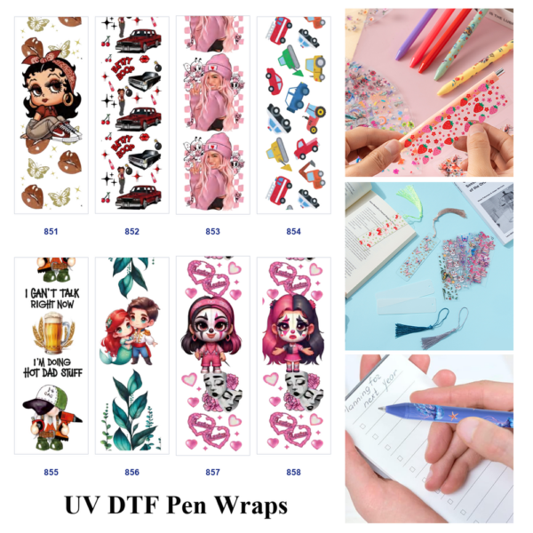 Wholesale 2/8/16pcs Cartoon Figure Vintage Car Toy Vehicle Plant & Heart Print Pen and Bookmark Stickers UV DTF Wraps OLY Exclusive