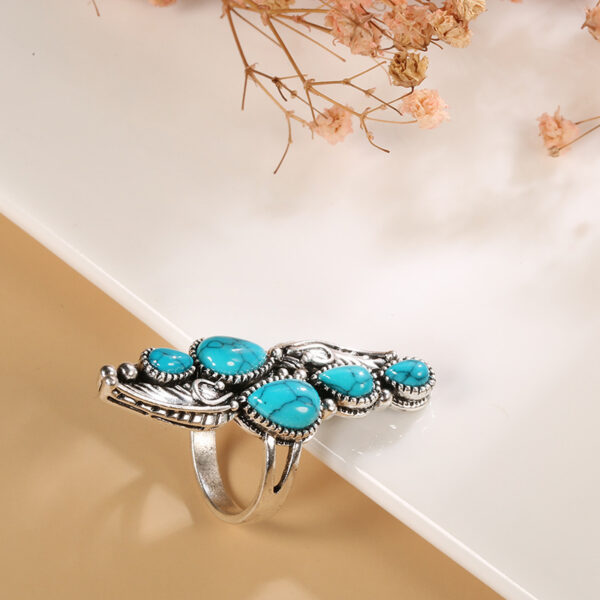 Wholesale Antique Silver Zinc Alloy Turquoise Feather Ring Vintage Chic Jewelry Accessory