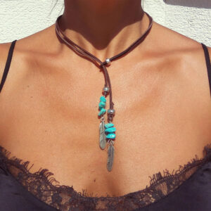 oly-c070fba3bd307f7ffba3d5a43ec2b67d Wholesale Bohemian Retro Green Turquoise Beaded Necklace Leather Cord With Alloy Pendant Electroplated Finish Fashion Jewelry Accessory Gift