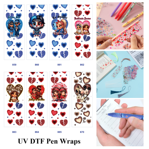 Wholesale 2/8/16pcs Cartoon Couple Portrait Broken Heart & Rose Element Print Pen and Bookmark Stickers UV DTF Wraps OLY Exclusive
