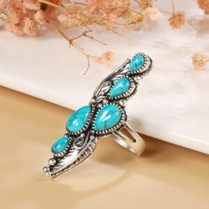 Wholesale Antique Silver Zinc Alloy Turquoise Feather Ring Vintage Chic Jewelry Accessory