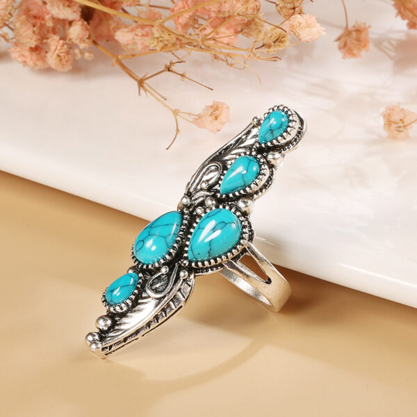 Wholesale Antique Silver Zinc Alloy Turquoise Feather Ring Vintage Chic Jewelry Accessory