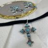oly-c21ceb9fdafc43e58aa1d796296e92fb Wholesale Retro Turquoise Cross Necklace Earrings Set Antique Silver Zinc Alloy Fashion Jewelry Accessory
