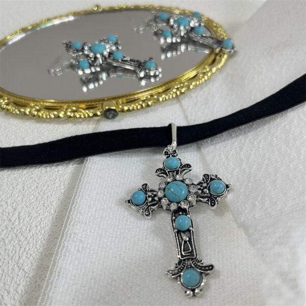 oly-c21ceb9fdafc43e58aa1d796296e92fb Wholesale Retro Turquoise Cross Necklace Earrings Set Antique Silver Zinc Alloy Fashion Jewelry Accessory