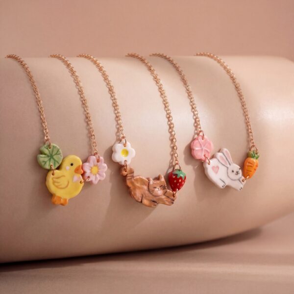 Wholesale Stainless Steel Electroplated Pink Cat Strawberry Flower Pendant Necklace Trendy Jewelry Accessory For Gift