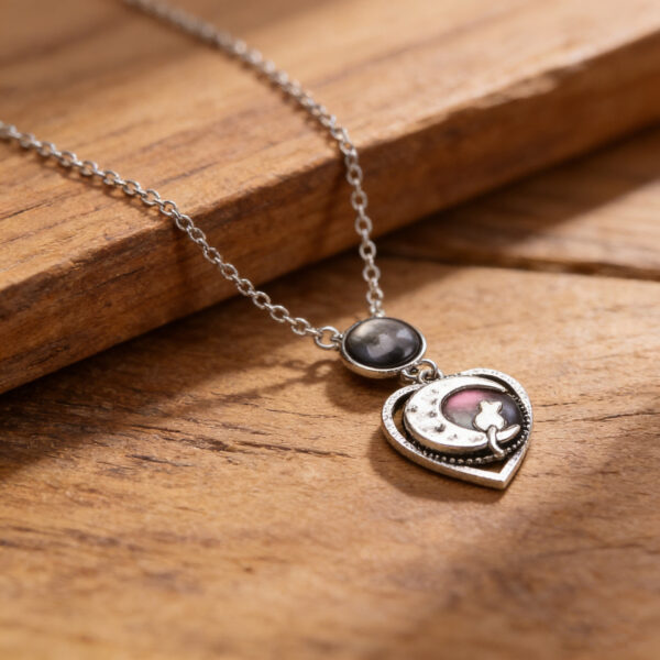 oly-c39264e7dc5ee865b2ac3ceacd72ed42 Wholesale Antique Silver Gothic Moon Cat Heart Pendant Necklace Unisex Zinc Alloy Chain Trendy Jewelry Accessory For Gift And Boutique Resale