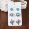 oly-c44b6ee54fa04f799d2e63871d212f8c Wholesale Retro Bohemian Turquoise Cactus Flower Alloy Stud Earrings 3 Piece Set Trendy Jewelry Accessory For Parties And Everyday Wear