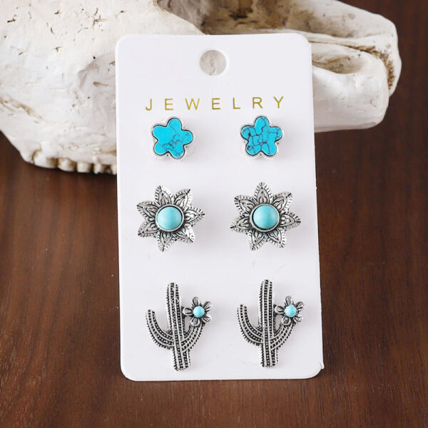 oly-c44b6ee54fa04f799d2e63871d212f8c Wholesale Retro Bohemian Turquoise Cactus Flower Alloy Stud Earrings 3 Piece Set Trendy Jewelry Accessory For Parties And Everyday Wear