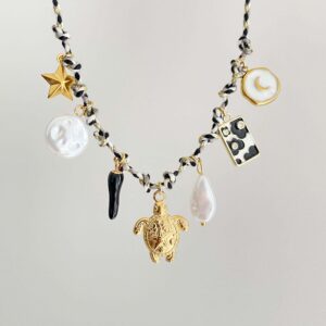 Turtle black and white rope necklace
