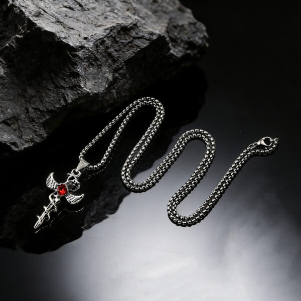 Wholesale Antique Silver Winged Cross Ruby Pendant Long Chain Necklace Trendy Punk Jewelry