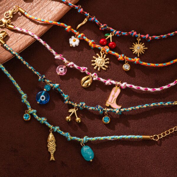 oly-c8dda686aa5246413a2e7885af26a800 Wholesale Woven Rope Charm Bracelet Titanium Steel With Sun Cherry Flower Fish Boot Pendants Fashion Accessory For Gift Or Boutique Resale