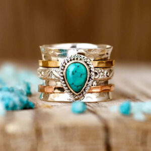 Wholesale Bohemian Vintage Turquoise Tri Color Alloy Ring Geometric Fashion Accessory Gift For Men Women