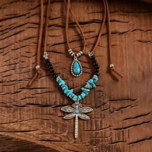 oly-c9d42c3935453f57489a140e504be274 Wholesale Vintage Silver Tone Bohemian Dragonfly Necklace Turquoise Inlay Double Layer Pendant Jewelry Accessory For Boutique Resale