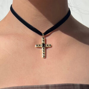 Wholesale Electroplating Tone Gothic Cross Pendant Choker With Zircon And Ribbon Stylish Jewelry Gift For Resale