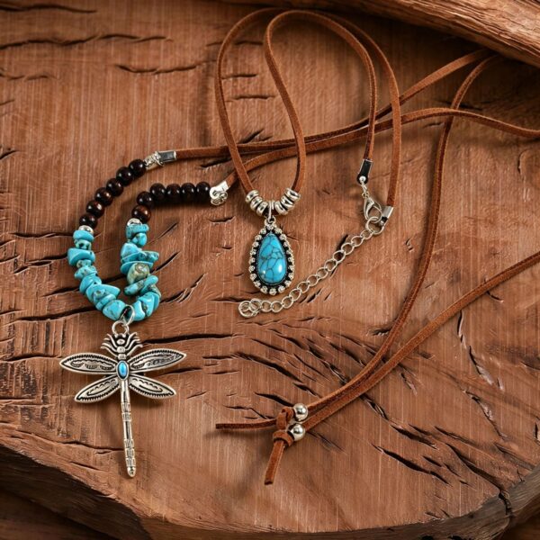 oly-cc21867f60065d153a18c9332d82ce1e Wholesale Vintage Silver Tone Bohemian Dragonfly Necklace Turquoise Inlay Double Layer Pendant Jewelry Accessory For Boutique Resale