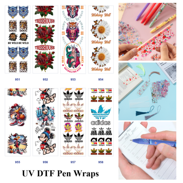 Wholesale 2/8/16pcs Tiger Skull Rose Lady Figure Daisy & Sport Cartoon Print Pen and Bookmark Stickers UV DTF Wraps OLY Exclusive
