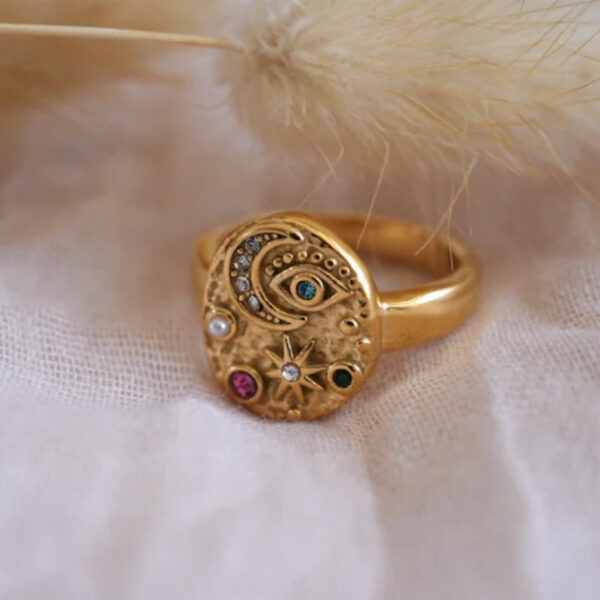 oly-cdc7618d28bafcc9046c456828959fa8 Wholesale Vintage Style Evil Eye Star Moon Ring Diecast Electroplated Unisex Jewelry Accessory For Everyday Wear Or Gift