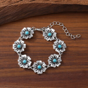 oly-cf68a5853cf56492309c51404497ef37 Wholesale Vintage Turquoise Small Flower Bracelet Earrings Set Zinc Alloy Electroplated Finish Trendy Jewelry Accessory For Party Or Gift