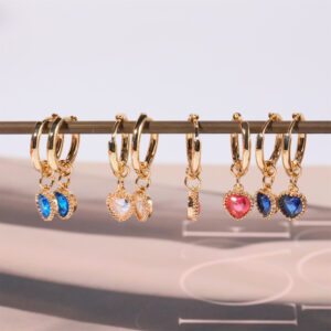 Wholesale European Style Heart Shaped 12 Birthstone Earrings Copper Electroplated Fashion Jewelry Gift