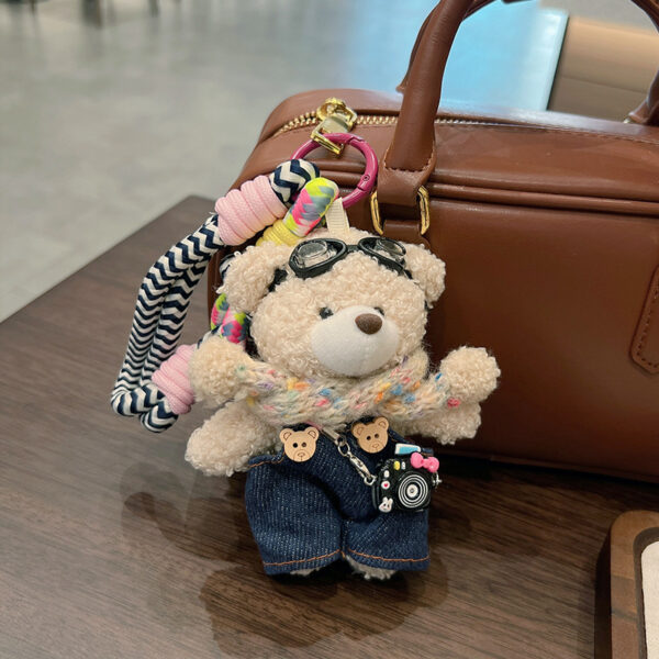 oly-d17b84116c46fcd75ce48c897853d5f6 Wholesale Plush Bear Keychain Bag Charm Cute Scarf Overalls Stuffed Animal With Camera Pink Korean Style Car Key Accessory Gift