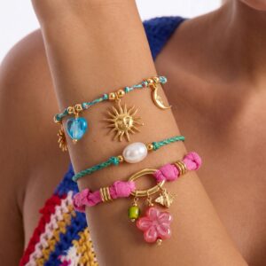 oly-d25485d310912e11c7d4975dab70ce6e Wholesale Retro Flower Heart Beaded Bracelet Stainless Steel Woven Rope Vacation Style Unisex Fashion Accessory