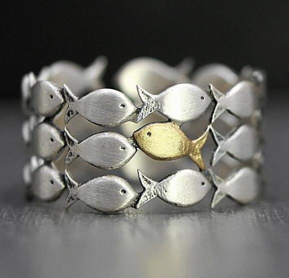 Wholesale Fish Design Open Ring Adjustable Two Tone Animal Jewelry Accessory For Women Gift Boutique Resale
