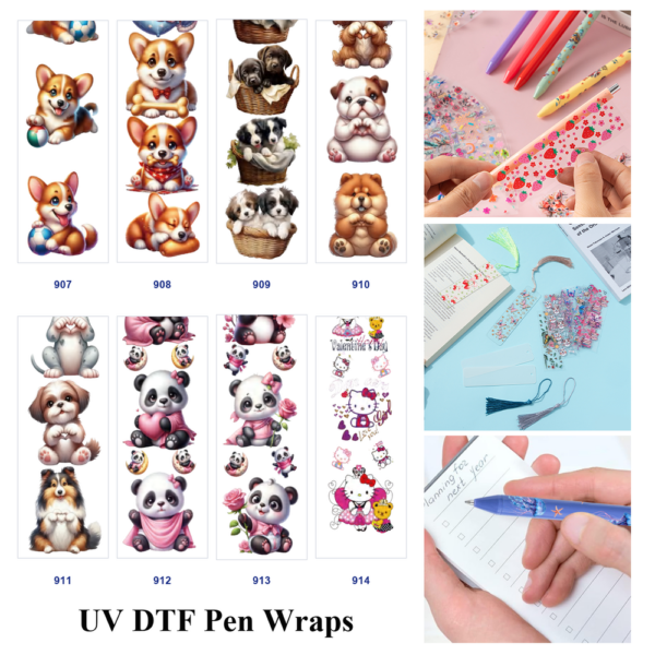 Wholesale 2/8/16pcs Cute Puppy Dog Panda Animal Character Print Pen and Bookmark Stickers UV DTF Wraps OLY Exclusive
