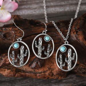 oly-d5d241376c45c3e1aa2937cb9ca5c023 Wholesale Cactus Design Earrings Necklace Set Ancient Silver Turquoise Accent Trendy Hollow Out Geometric Jewelry For Gift Boutique Resale