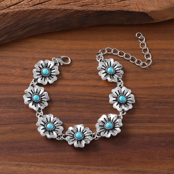 oly-d6d6441fc10015ec0d3d1841209eb37e Wholesale Vintage Turquoise Small Flower Bracelet Earrings Set Zinc Alloy Electroplated Finish Trendy Jewelry Accessory For Party Or Gift