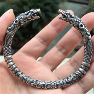 Wholesale Silver Electroplated Viking Wolf Head Double Dragon Bracelet Vintage Metal Jewelry Accessory For Everyday Wear