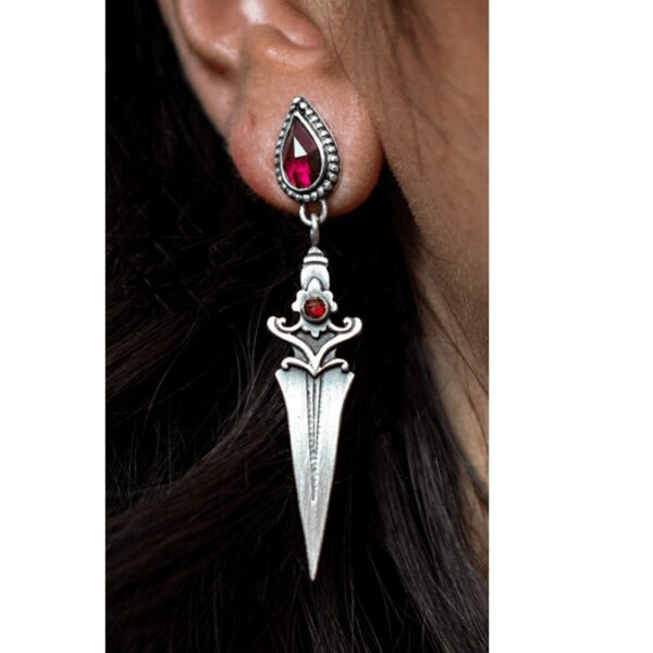 oly-dde1458b37ee3720af5f4f3af4bf6109 Wholesale Retro Red Ruby Dagger Tassel Earrings For Women Silver Alloy Stylish Party Fashion Accessory Gift