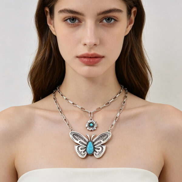 oly-de0cfd5514572561ca68572c17d0e009 Wholesale Vintage Western Turquoise Butterfly Horseshoe Long Chain Necklace Fashion Accessory Boutique Resale Gift