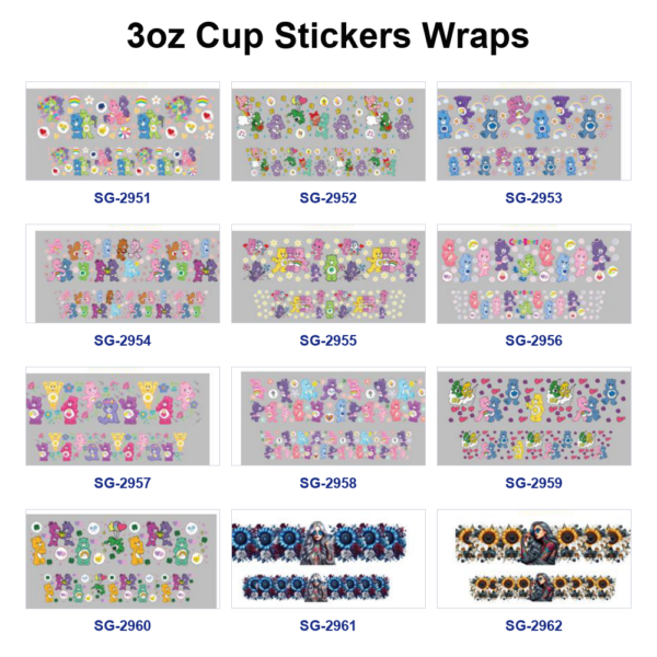 Wholesale 8pcs Colorful Cartoon Bear Floral Figure Print 3oz Cup Stickers Wrap OLY Exclusive