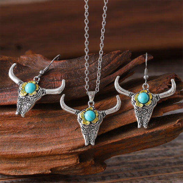 oly-e268548e200bf2664cb7d0b3f0703733 Wholesale Retro Punk Turquoise Bull Head Earrings Necklace Set Ancient Silver Zinc Alloy Fashion Jewelry Gift