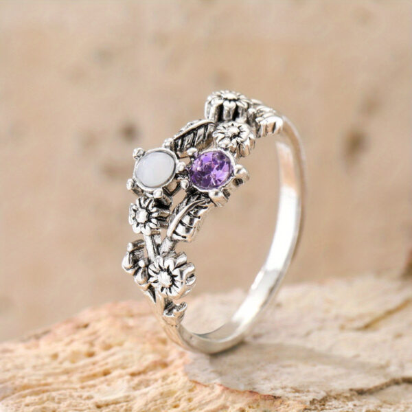 Wholesale Vintage Purple Flower Moonstone Ring For Women Stylish Silver Tone Zinc Alloy Jewelry Accessory Boutique Resale Gift