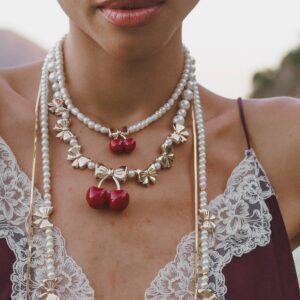 Wholesale Copper Electroplated Pearl Cherry Beaded Necklace Sweet French Style Chic Jewelry Accessory