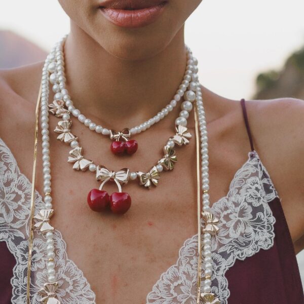 Wholesale Copper Electroplated Pearl Cherry Beaded Necklace Sweet French Style Chic Jewelry Accessory