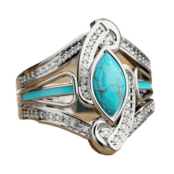 Wholesale Vintage Blue Turquoise Rhinestone Ring For Women Stylish Geometric Silver Tone Jewelry Accessory For Parties And Everyday Wear