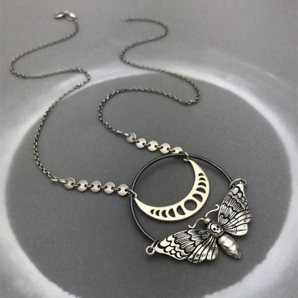 oly-eb730bb1126cf42954842083f468e939 Wholesale Crescent Moon Moth Pendant Necklace Antique Silver Fashion Jewelry Accessory Gift Resale